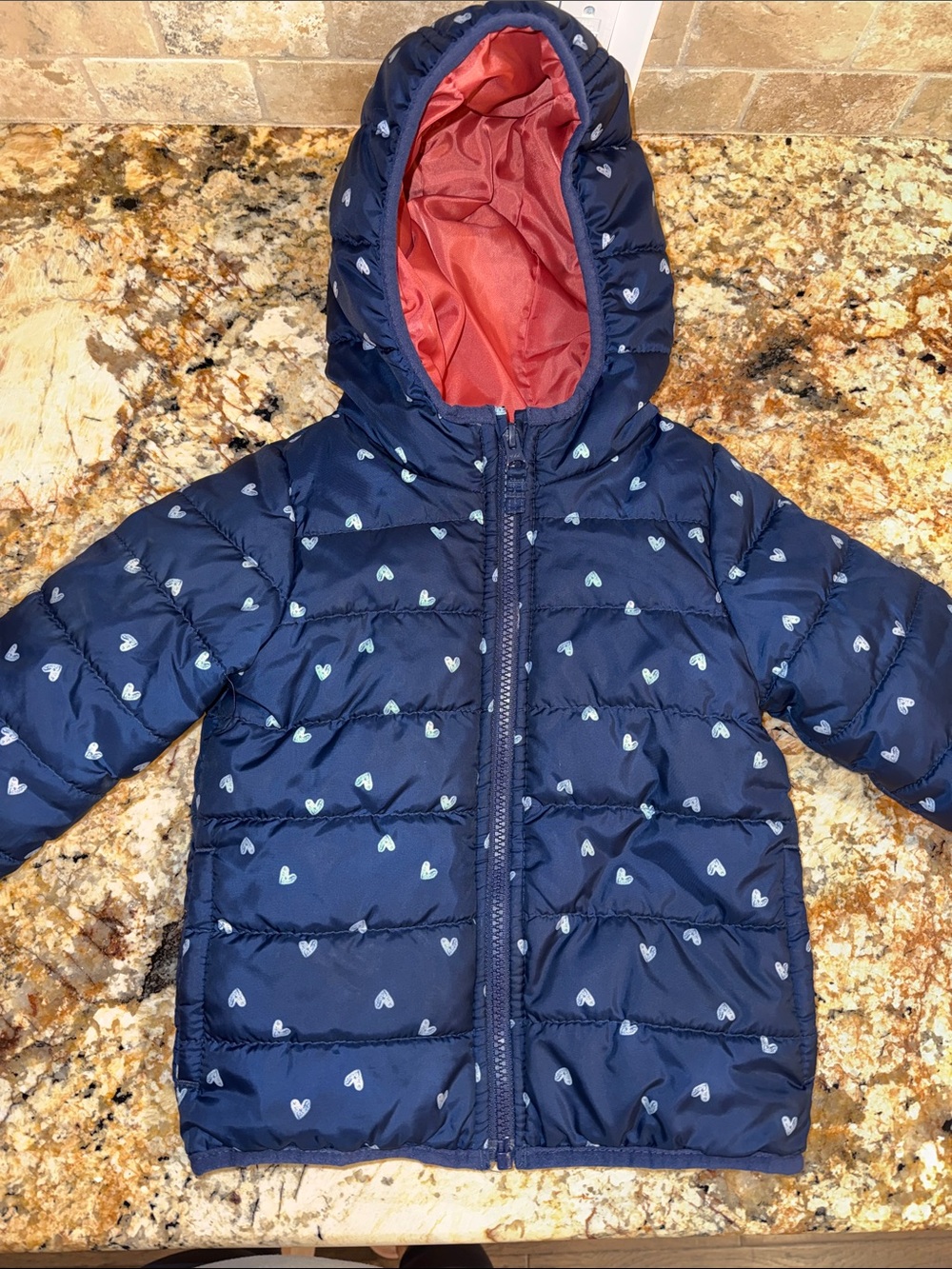 Carter's Navy Heart-Print Puffer Jacket with Coral Hood Lining